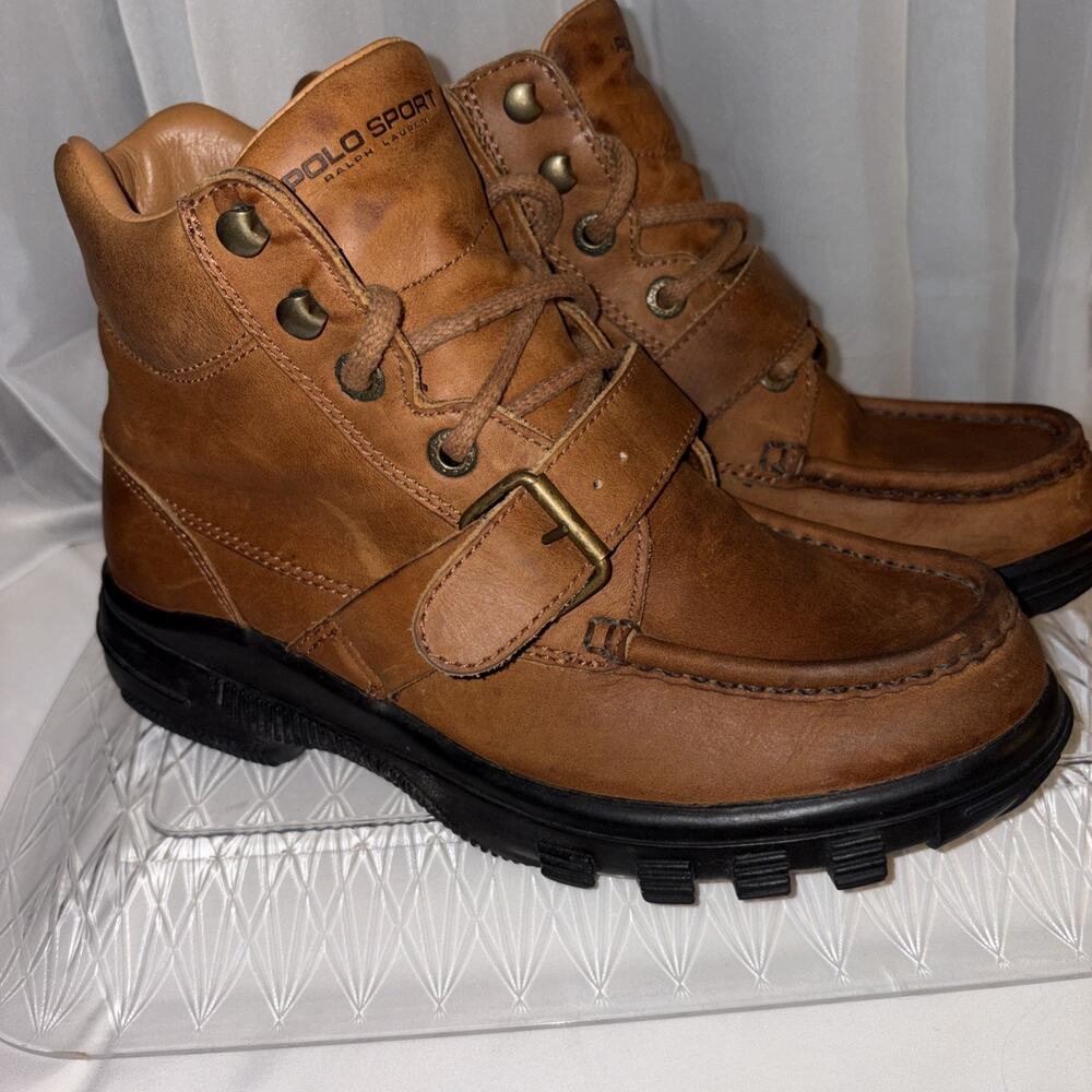 VTG Ralph Lauren Polo Sport Patina Leather Hiking Boots Lug Sole Buckle Strap 9D